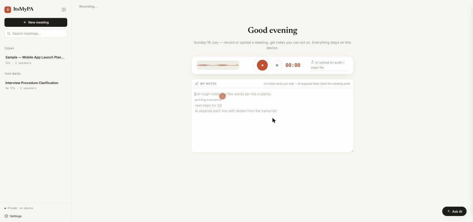 ItsMyPA demo — record a meeting, get structured notes with speaker separation